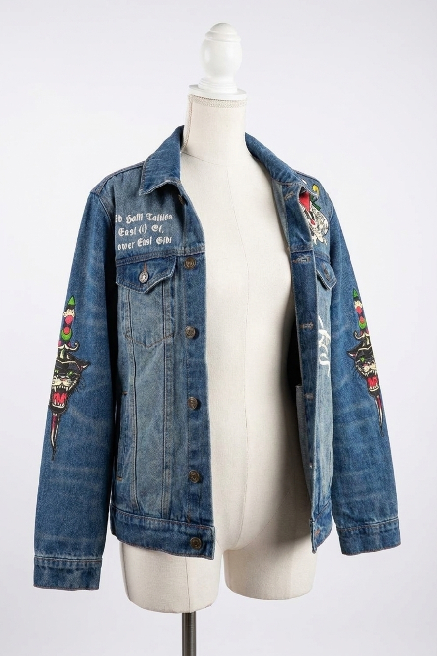 NEW ED HARDY flame skull denim jacket in medium tint